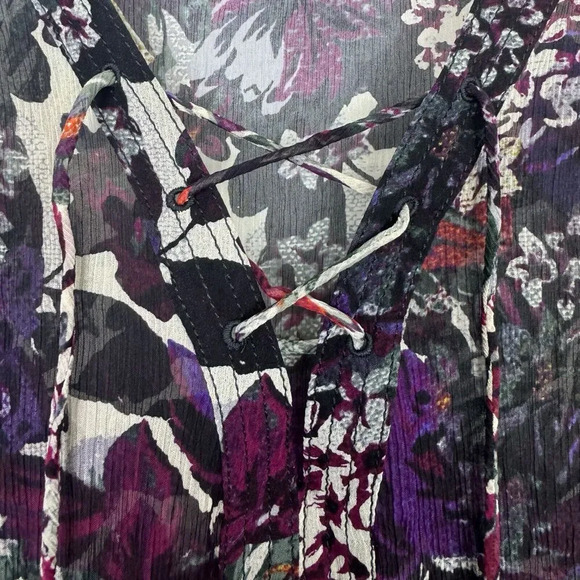 Lucky Brand Silk Floral Sheer Tunic Top Size L Multicolor Lace Up - Picture 5 of 6